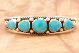 5 Genuine Sleeping Beauty Turquoise Stones  Sterling Silver Navajo Bracelet